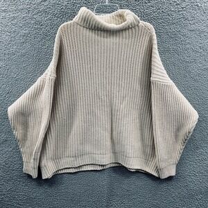 Free People Women Sweater Large Beige Knit Turtleneck Oversized Slouchy Pullover